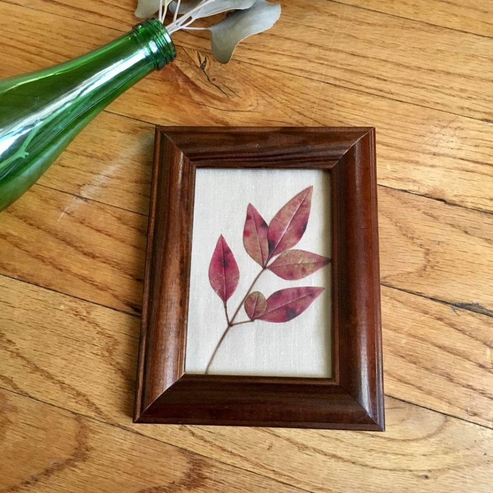LP Vintage Mid Century Pressed Fire Power Leaves Stem Wood Frame Honey Linen